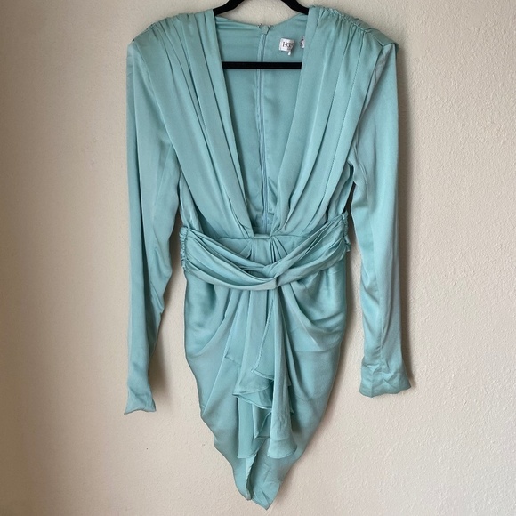 HOUSE OF CB 'Pascale' Aqua‎ Draped plunge Satin Mini Dress NWOT size M - Picture 4 of 16